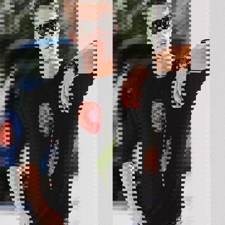 レッドポピーフラワー ボタニカルポピー レッドポピー 長袖Tシャツ 彼への贈り物