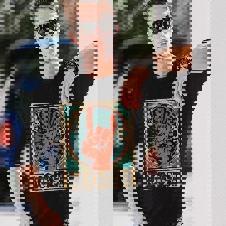 レトロなヴィンテージサインオブザホーンモッシュヘビーロックミュージック 長袖Tシャツ 彼への贈り物