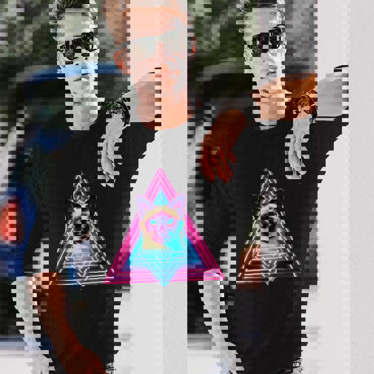 レトロな三角形のピラミッド猫のシャム猫 長袖Tシャツ 彼への贈り物