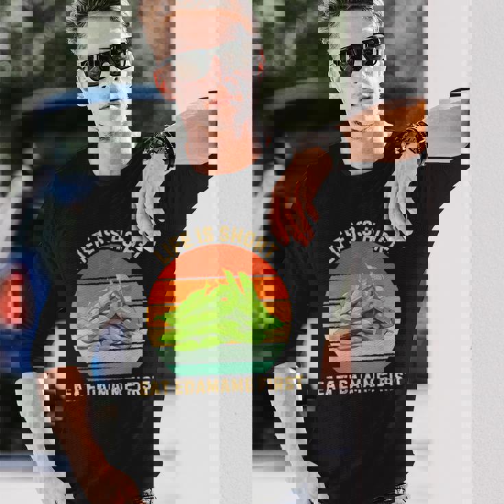 レトロライフは短く食べる 枝豆 はじめて枝豆 食べ物好き 長袖Tシャツ 彼への贈り物