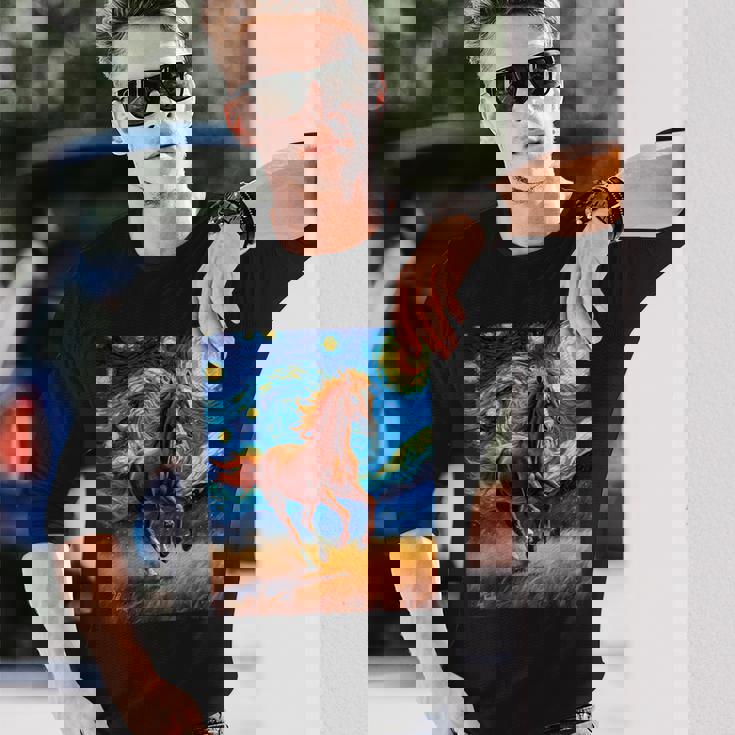 ヴァンゴッホの星空の夜ワイルドホースマスタングアニマル愛好家 長袖Tシャツ 彼への贈り物