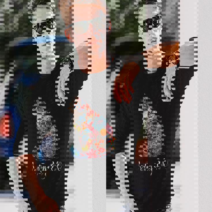 ヴィンテージ 2000 花柄 花 猫好き 24時間 誕生日 長袖Tシャツ 彼への贈り物