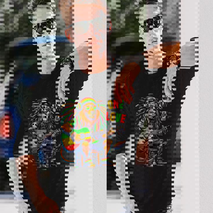 ヴィンテージ ラスタ ライオン レゲエ 音楽 One Loveibe ギター グラフィック 長袖Tシャツ 彼への贈り物