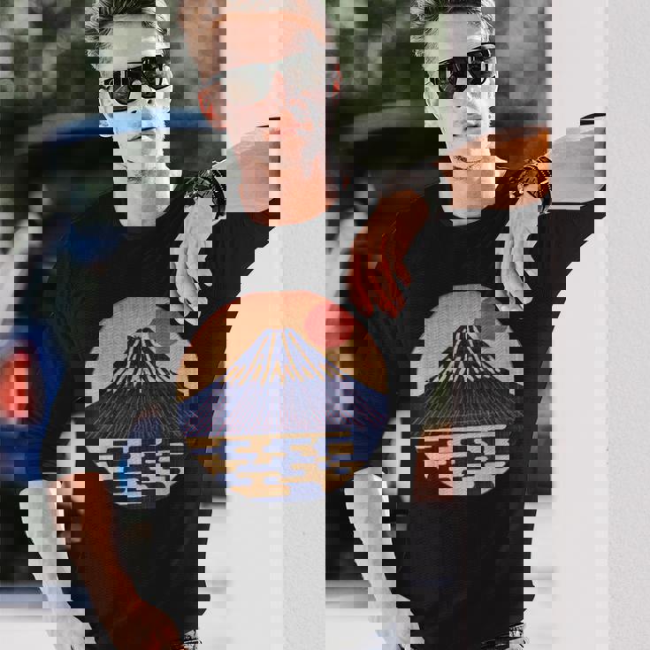 ヴィンテージ 和 富士山 山の上の日本の舞う太陽 長袖Tシャツ 彼への贈り物