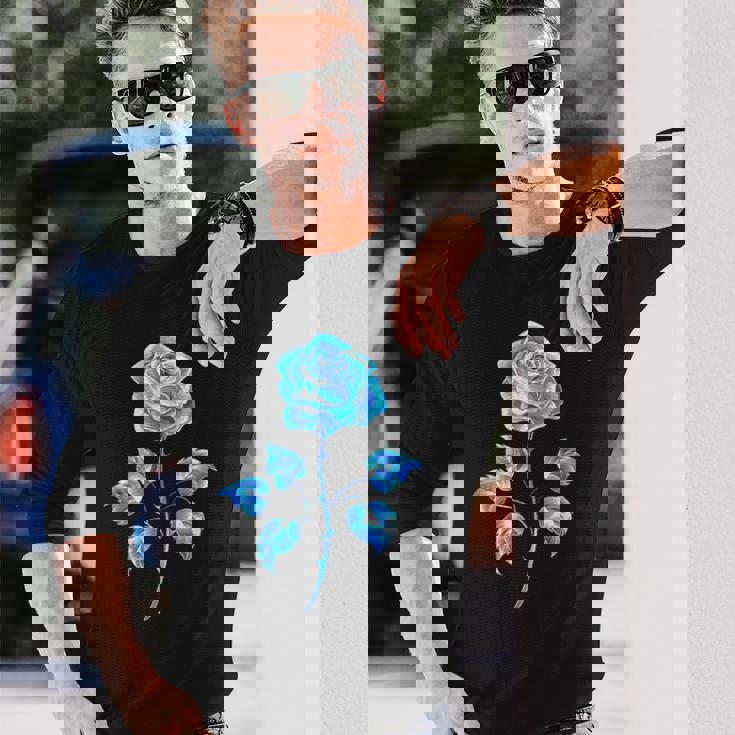 一輪挿し 青いバラ かわいい 青いバラ 花 ガーデニング 長袖Tシャツ 彼への贈り物