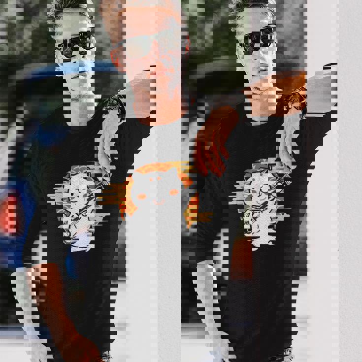 三味線で遊ぶ猫 長袖Tシャツ 彼への贈り物