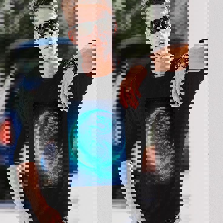 三日月のドラゴン ブルーギャラクシー天文学 アート 長袖Tシャツ 彼への贈り物