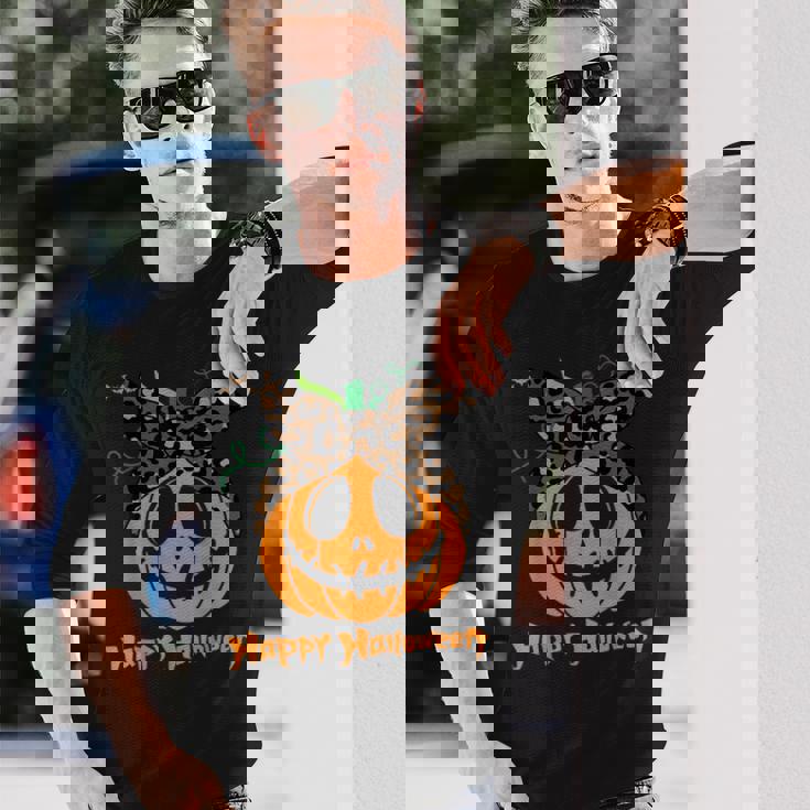 不気味なカボチャ ヒョウ柄 乱雑なお団子 ハロウィン 面白い 長袖Tシャツ 彼への贈り物