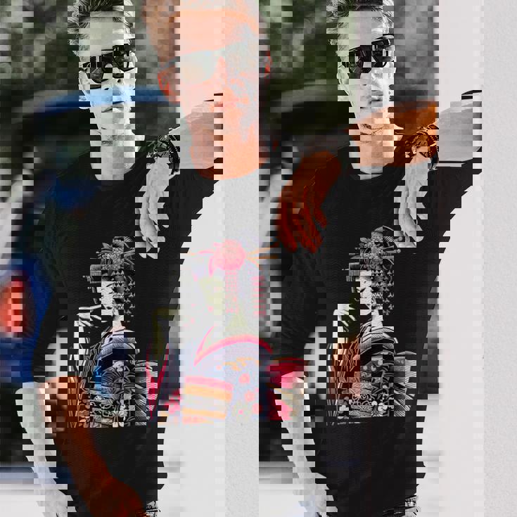 伝統的な着物のエレガントな日本の芸者のイラスト 長袖Tシャツ 彼への贈り物