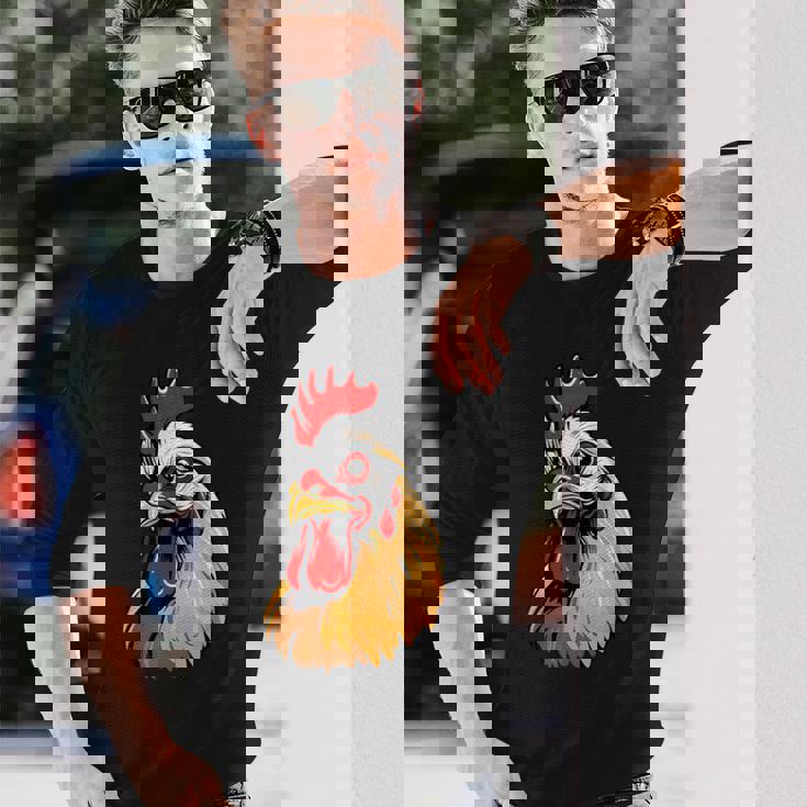 動物愛好家のための大胆な農場の鶏の頭のアート 長袖Tシャツ 彼への贈り物