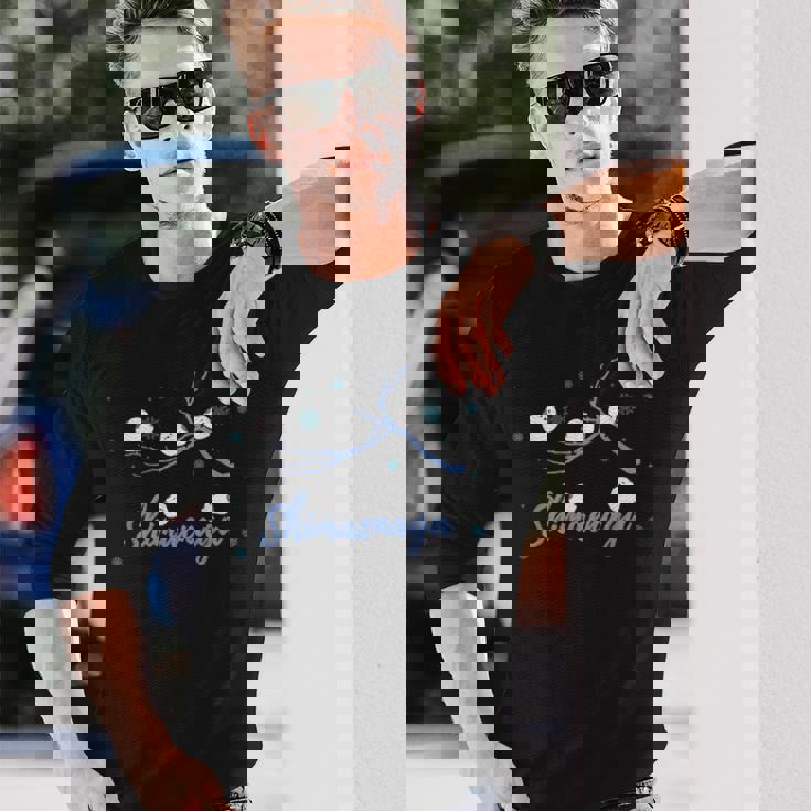 北海道 冬の風景 シマエナガのイラスト 雪の結晶 可愛い小鳥 長袖Tシャツ 彼への贈り物