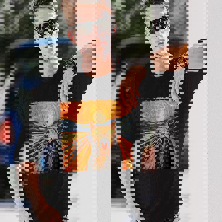 叫ぶ猫、エドヴァルド・ムンク風、面白い猫 長袖Tシャツ 彼への贈り物