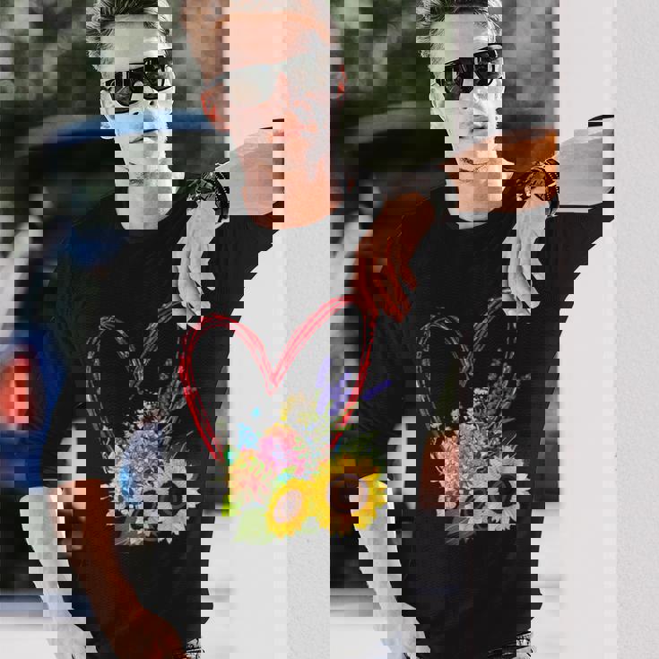 夏の花のデザイン、ひまわり、ラベンダー、アジサイ 長袖Tシャツ 彼への贈り物