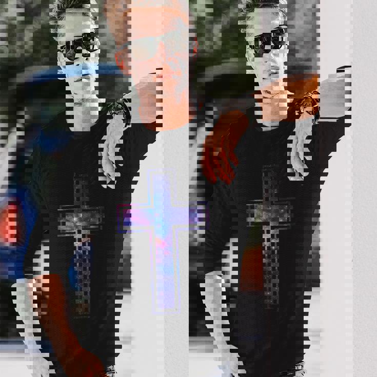 天空のシルエット信仰星銀河クリスチャンクロス 長袖Tシャツ 彼への贈り物