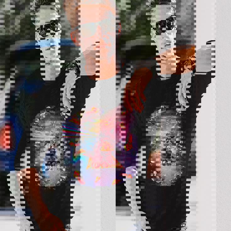 宇宙ピザ猫-レインボーレーザー、タコス、ブリトー 長袖Tシャツ 彼への贈り物