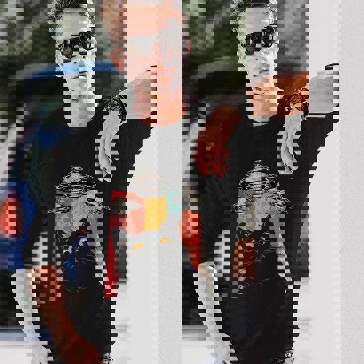 宇宙船 宇宙人 猫 Ufo 黒猫 面白い 長袖Tシャツ 彼への贈り物