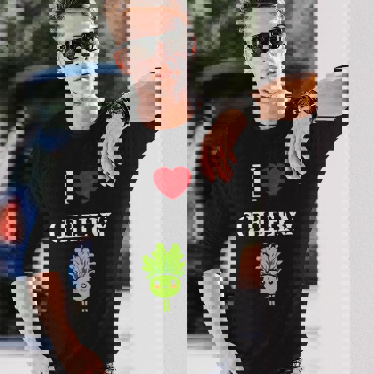 小さな野菜 セロリ ミニマリスト かわいい シンプル セロリ I Love Celery 長袖Tシャツ 彼への贈り物