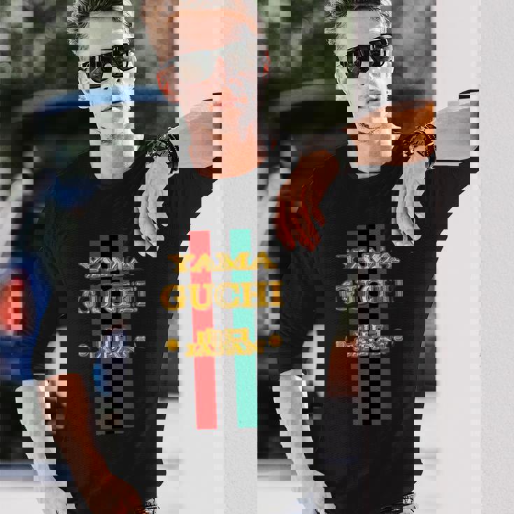 山口 Yamaguchi《フェイクゴールド 金 ロゴ》ブランド パロディ【47都道府県】プレゼント お土産 面白い 長袖Tシャツ 彼への贈り物