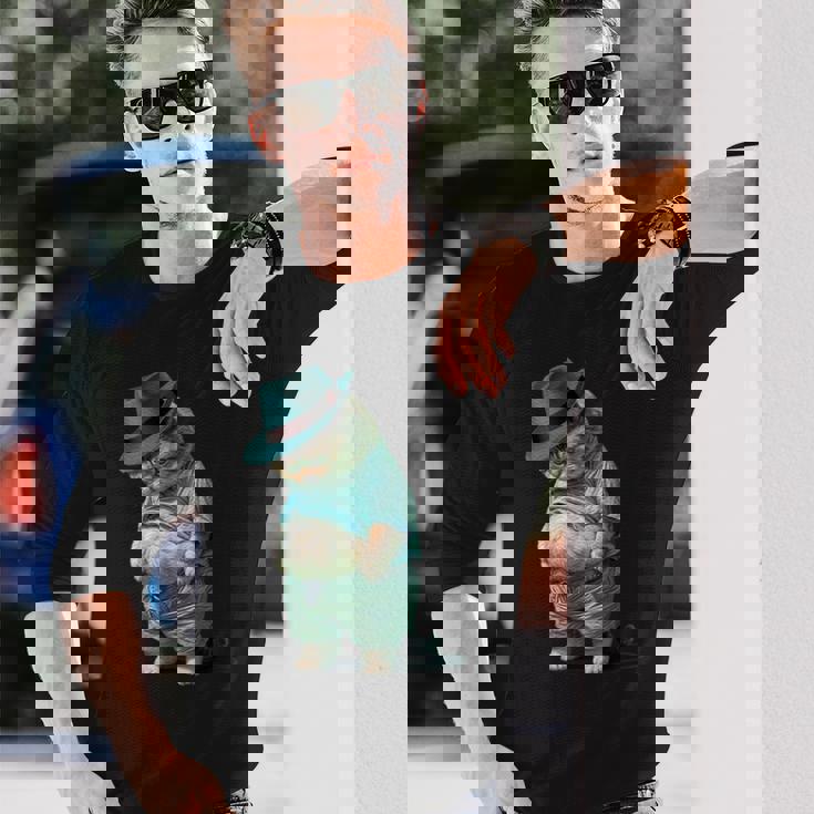 帽子をかぶった面白い太った猫 Ia アート デザイン太った子猫猫愛好家 長袖Tシャツ 彼への贈り物