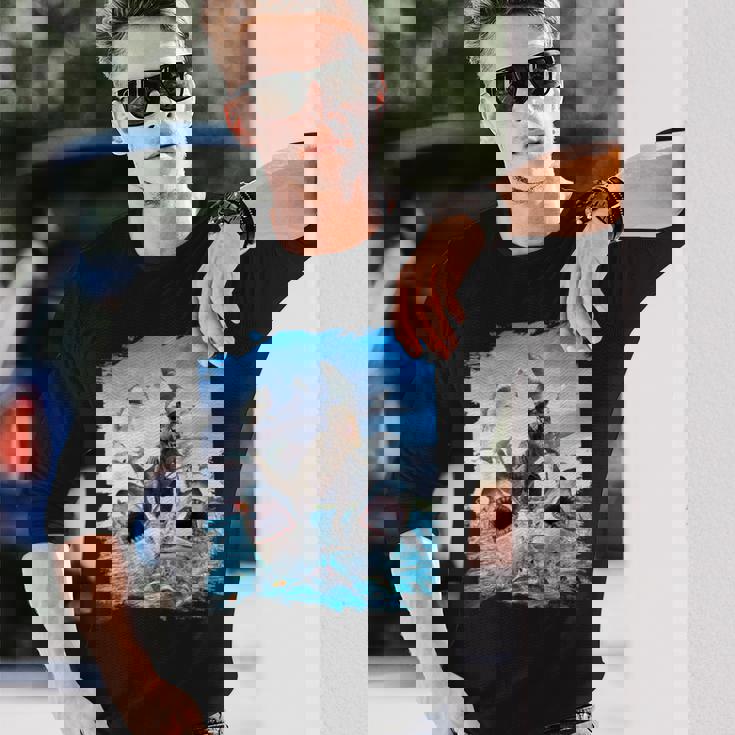 恐竜乗馬サメ ビーチオーシャンサメ サングラス 面白い 長袖Tシャツ 彼への贈り物