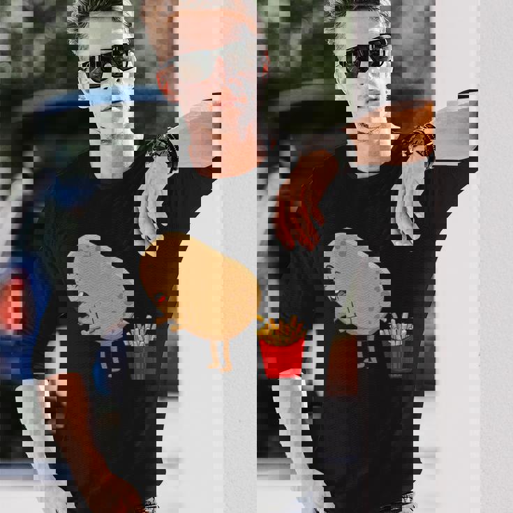 愉快なフライドポテト食べ物デザイン 男女兼用 長袖Tシャツ 彼への贈り物