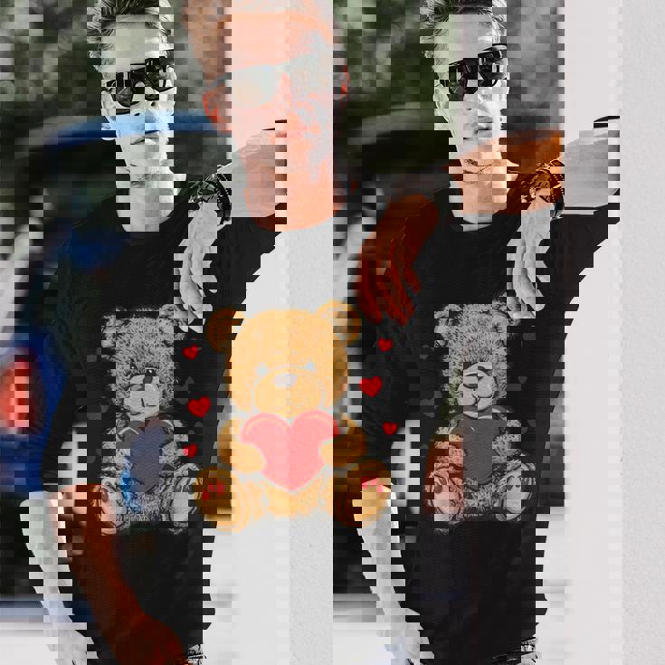 愛らしいハート付きテディベア ラブぬいぐるみ 長袖Tシャツ 彼への贈り物