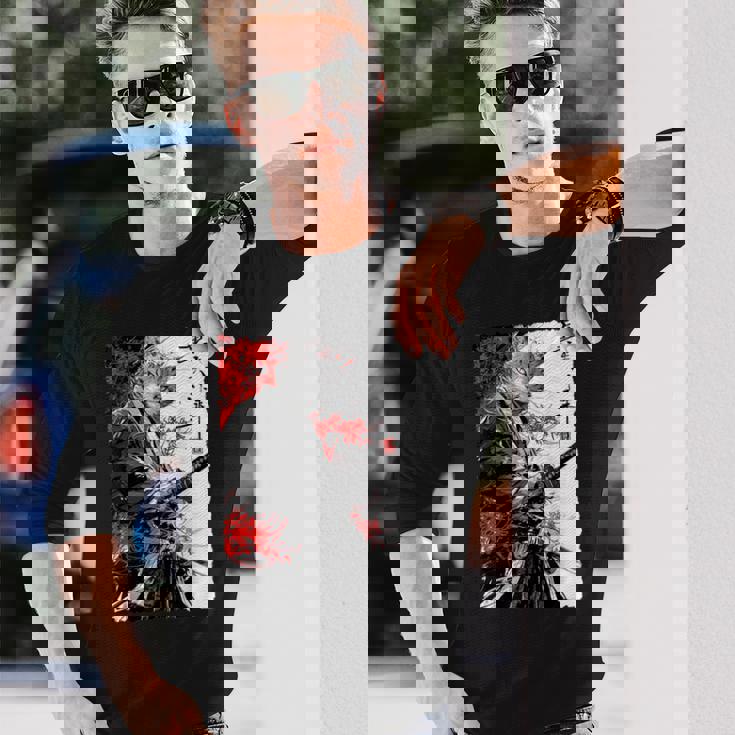 日本のクモユリ 侍 猫 グランジ 浮世絵 アニメアート 長袖Tシャツ 彼への贈り物