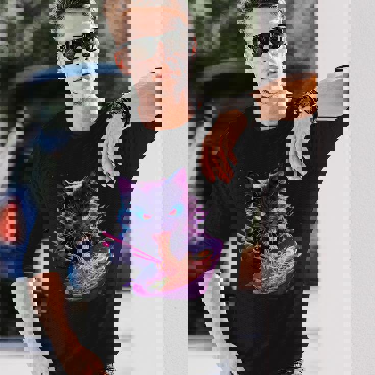 日本美術 ラーメン 猫 忍者 シンセウェーブ スタイル サムライキャット 長袖Tシャツ 彼への贈り物