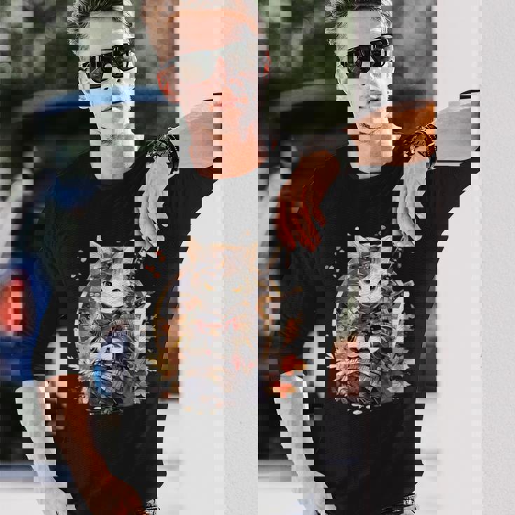 日本美術 猫 忍者 浮世絵 アニメ風 侍猫 長袖Tシャツ 彼への贈り物