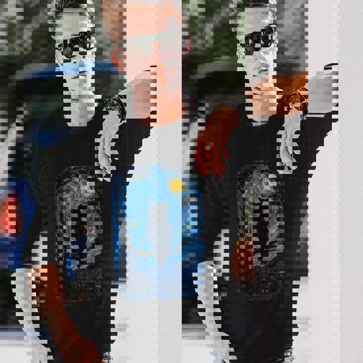 星月フクロウの夜のアートワーク 長袖Tシャツ 彼への贈り物