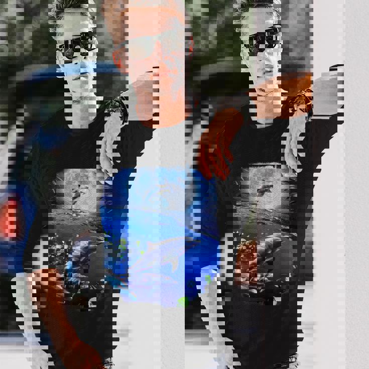 月 イルカ 宇宙 イルカ 長袖Tシャツ 彼への贈り物