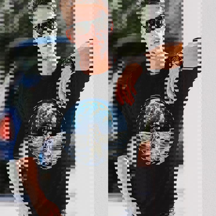 月面着陸 地球 グラフィック 長袖Tシャツ 彼への贈り物