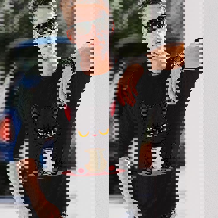 朝が嫌いなコーヒーと可愛い黒猫 長袖Tシャツ 彼への贈り物