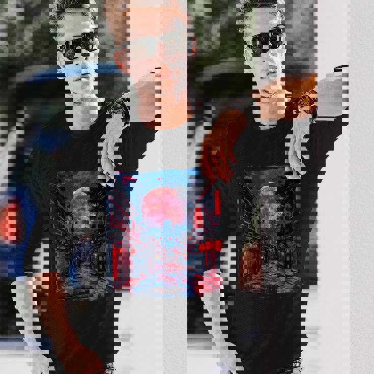 東京の街並み 日本の夜景 ライト付き ヴェイパーウェーブ 長袖Tシャツ 彼への贈り物