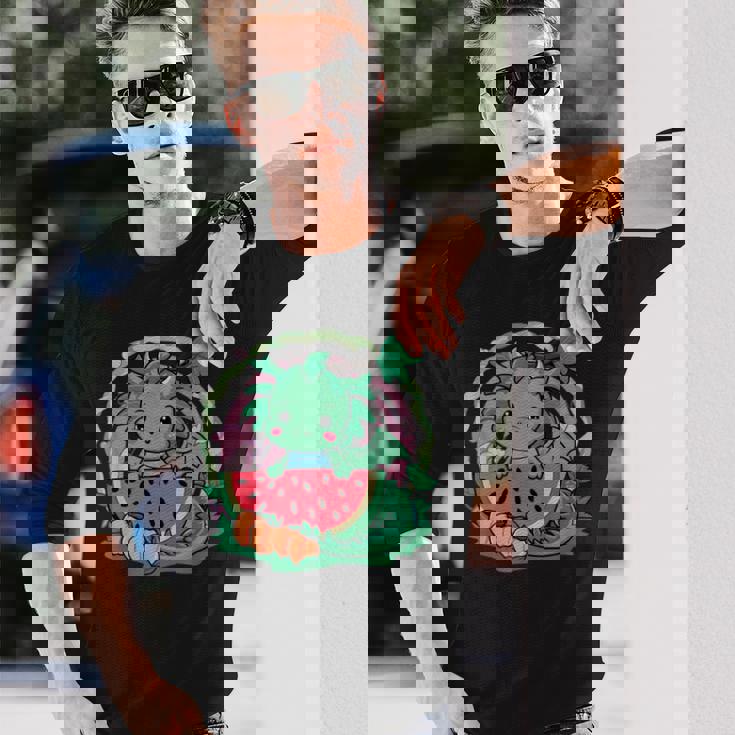 桃とスイカの漫画かわいいドラゴン 長袖Tシャツ 彼への贈り物