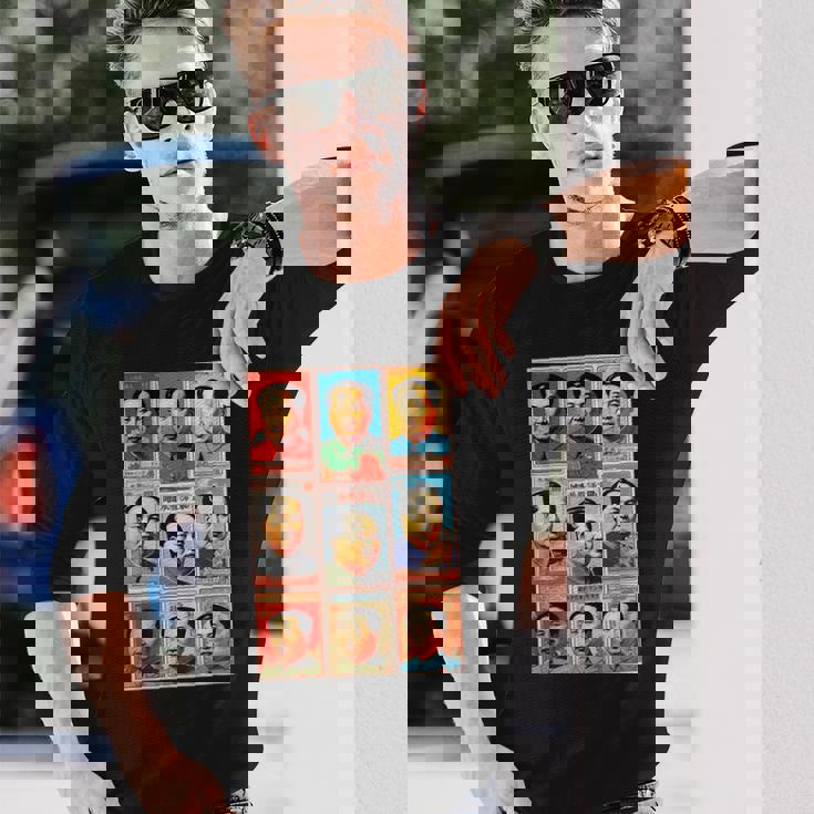 毛沢東ポップアートグリッド-9カラフルな肖像画と書道 長袖Tシャツ 彼への贈り物