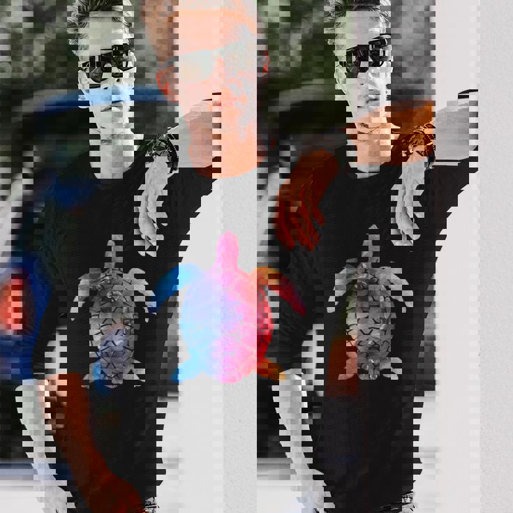 水彩画のようなウミガメのシルエット 長袖Tシャツ 彼への贈り物