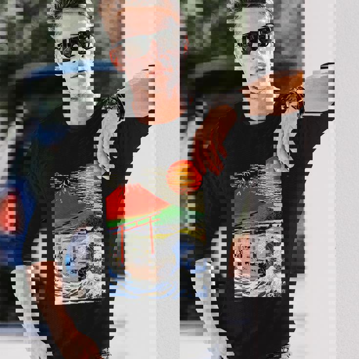 江戸日本 浮世白斎 赤富士山・津波 長袖Tシャツ 彼への贈り物