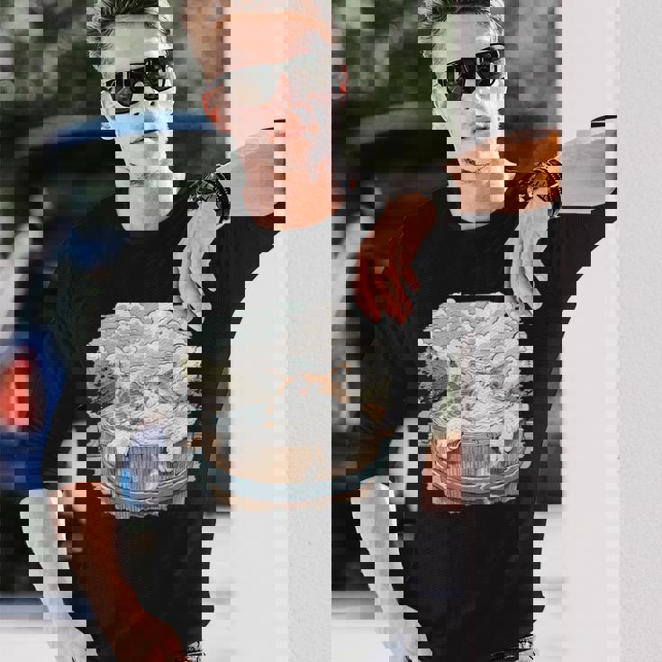 温泉 風呂 子猫 ペット好き 日本画 かわいい 猫 長袖Tシャツ 彼への贈り物