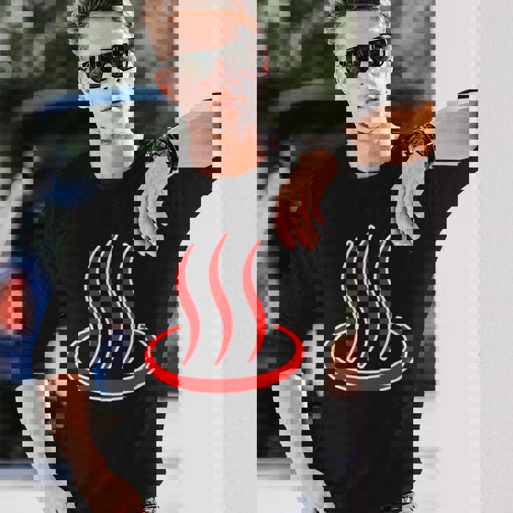 温泉マーク・赤 レッド（アイラブ 温泉／お風呂 大好き）銭湯 記号 お土産 旅行 メッセージ・面白 長袖Tシャツ 彼への贈り物