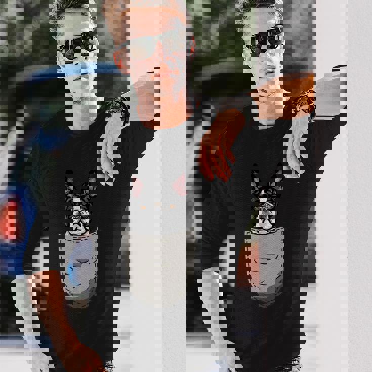 犬 365 ボストンテリア 犬 ポケット入り 犬好きのギフト 長袖Tシャツ 彼への贈り物