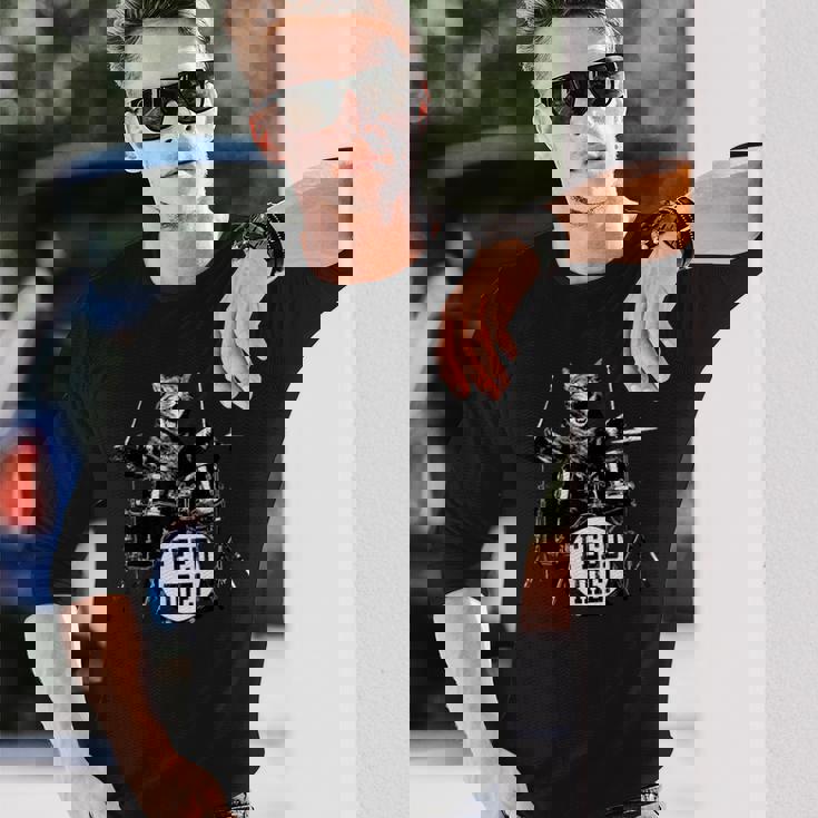 猫 ロックンロール パンク バンド 猫柄 猫好き Rock 面白い おしゃれ かっこいい 大きいサイズ Catdrum 長袖Tシャツ 彼への贈り物