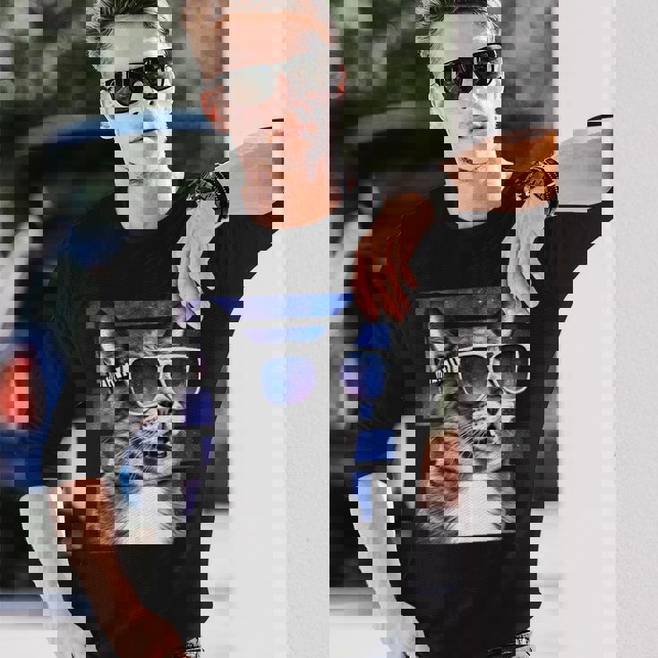 猫 宇宙 メガネ ギャラクシー サングラス おもしろい 猫 ミーム 長袖Tシャツ 彼への贈り物