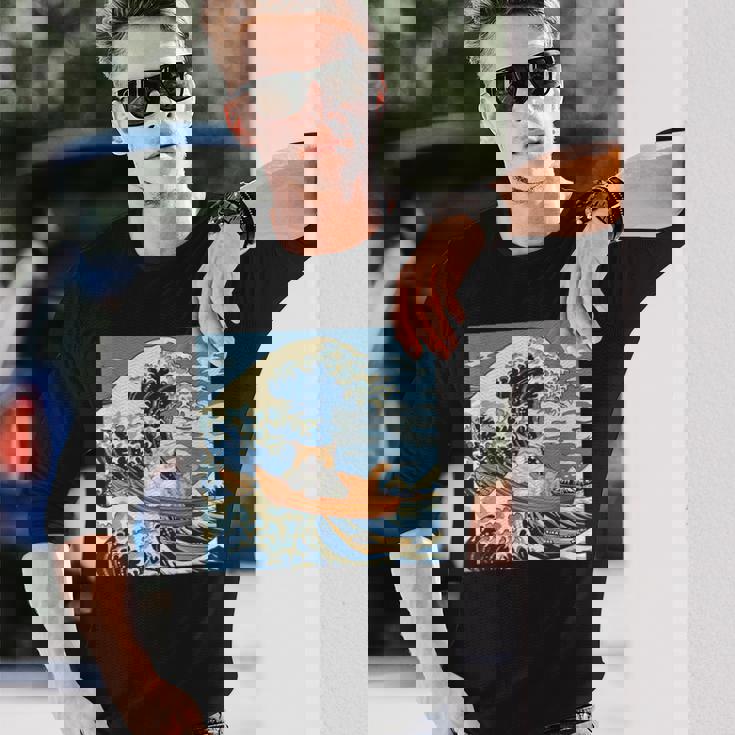 猫 葛飾北斎 神奈川沖浪裏 ネタ 冗談 ギャグ かわいい 長袖Tシャツ 彼への贈り物