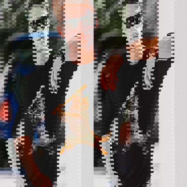 猫 面白いtシャツ 野球 ネコ ベースボール おもしろ 服 ネタ メンズ 野球部 おもしろグッズ 大人 子供 長袖Tシャツ 彼への贈り物