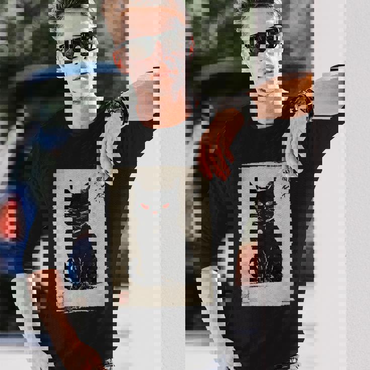 猫 鬼 ハロウィン 日本 ミニマリスト 墨絵 浮世絵風 長袖Tシャツ 彼への贈り物