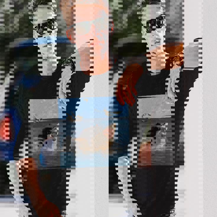 猫を噛むサメの面白いアートと猫好きの面白い猫とサメ。 長袖Tシャツ 彼への贈り物