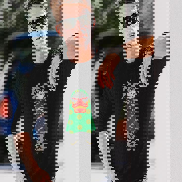 獅子舞 レトロな日本の祭り文化デザイン 長袖Tシャツ 彼への贈り物