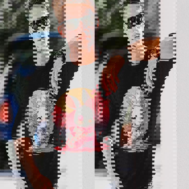 白うさぎの春のさくらアドベンチャー 長袖Tシャツ 彼への贈り物