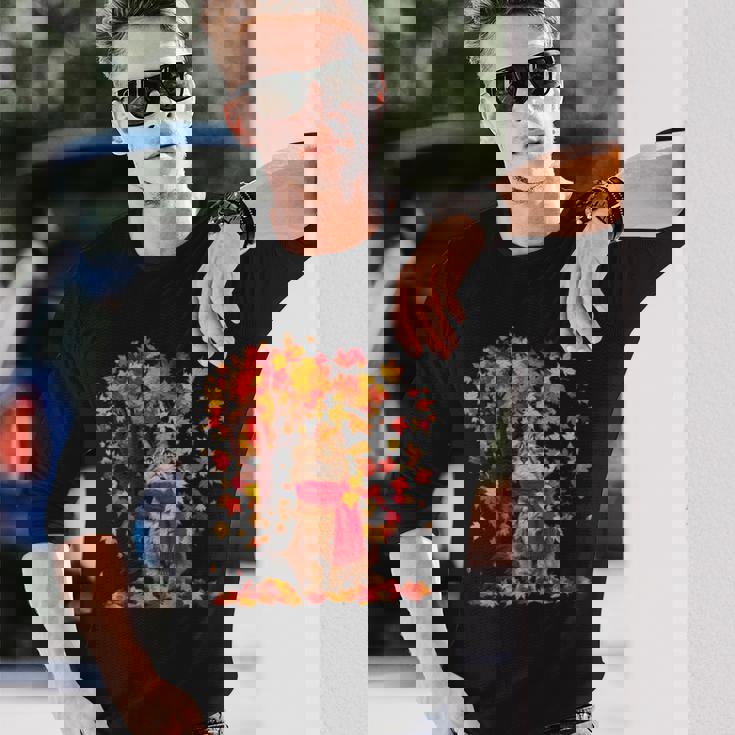 秋 猫 赤いスカーフ 紅葉 かわいい 猫 ママ 滝 長袖Tシャツ 彼への贈り物